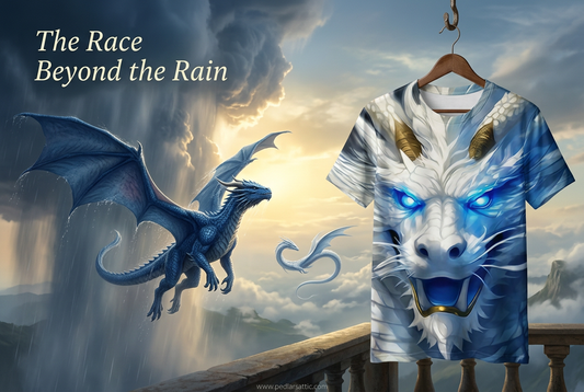 White-and-blue Dragon’s Skin graphic tee in the foreground, with sapphire dragon Midnight soaring beyond rain clouds beside a pale winged serpent.