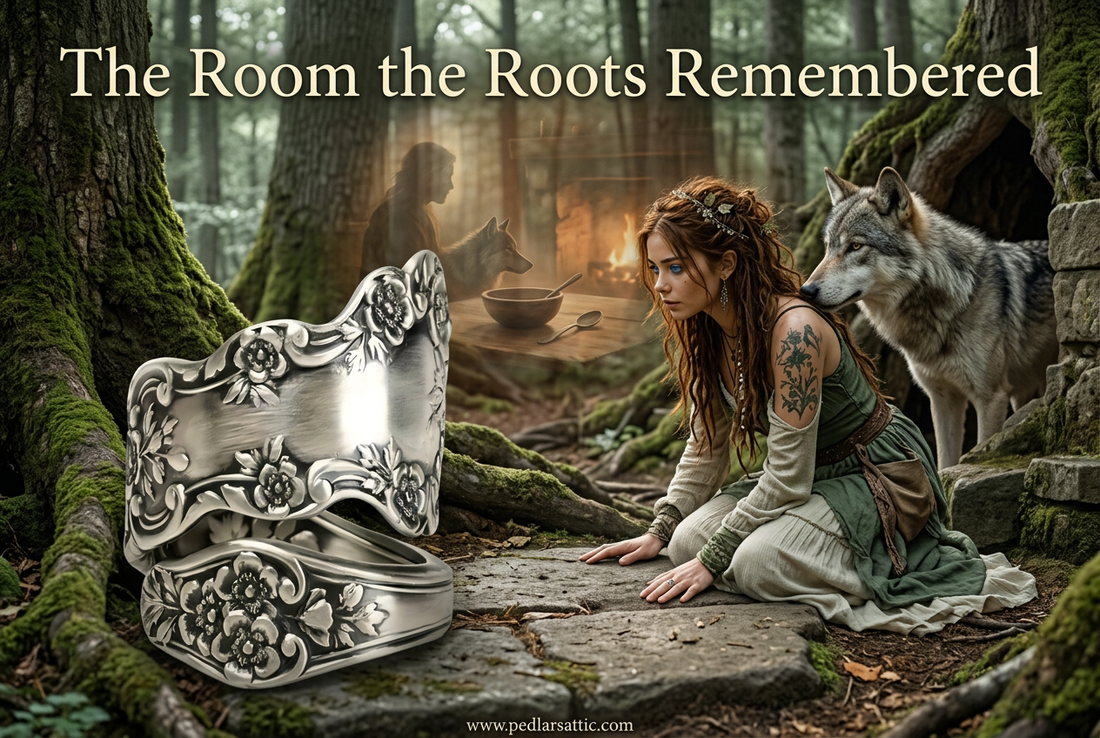 Silversmith’s Oath floral sterling spoon ring on a Fenrisheim threshold, with Chelle, Cinder, Ash, and a faint remembered hearth beyond.