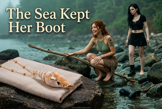 The Shoreline Whisper spiral shell necklace on dry linen, with Chelle and Luna retrieving a boot at the misty shore.
