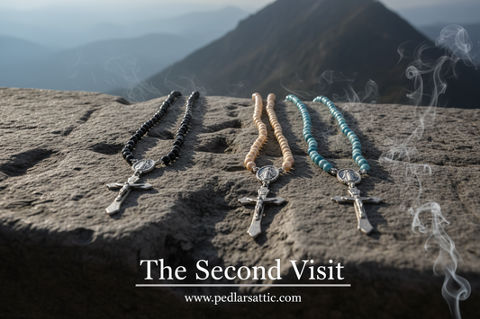High Monastery Rosary — 72cm faux pearl beaded rosary necklace with Virgin Mary medallion and silver crucifix pendant in black, beige, and sea blue, High Monastery series from Pedlar's Attic