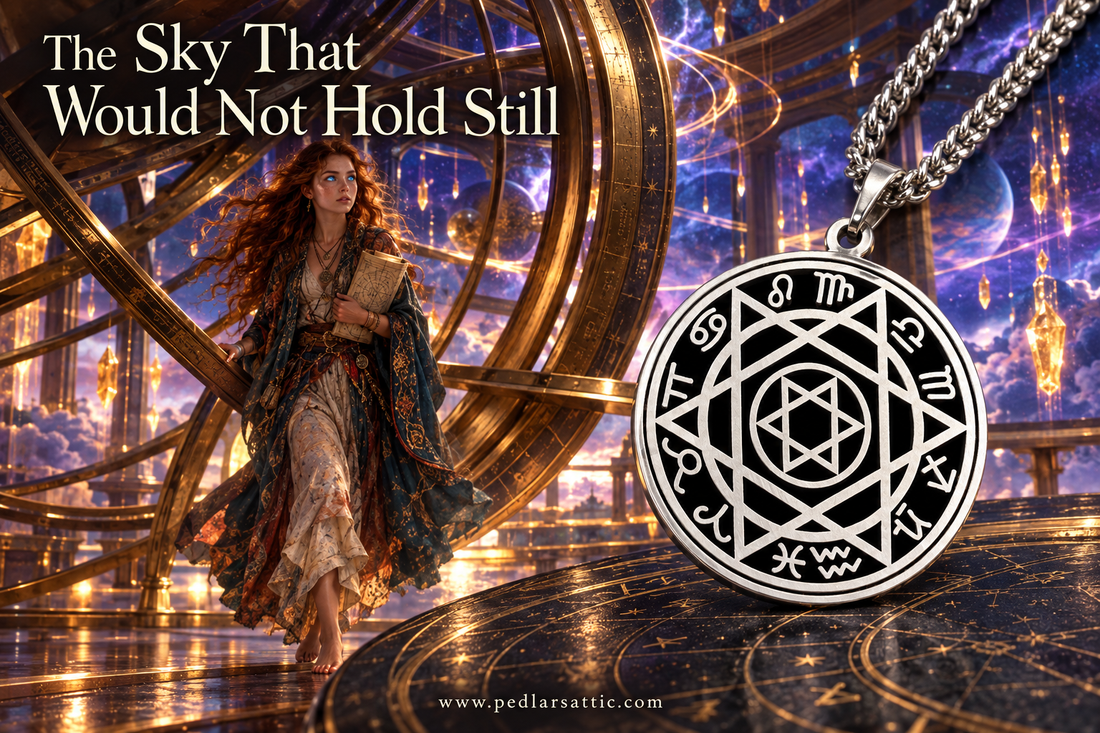 Steel-tone Observatory Seal zodiac necklace beside star charts, with Chelle carrying a chart through golden Observatory rings amid glowing crystal rain.