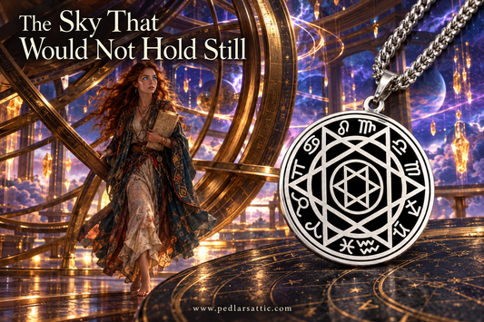 Steel-tone Observatory Seal zodiac necklace beside star charts, with Chelle carrying a chart through golden Observatory rings amid glowing crystal rain.