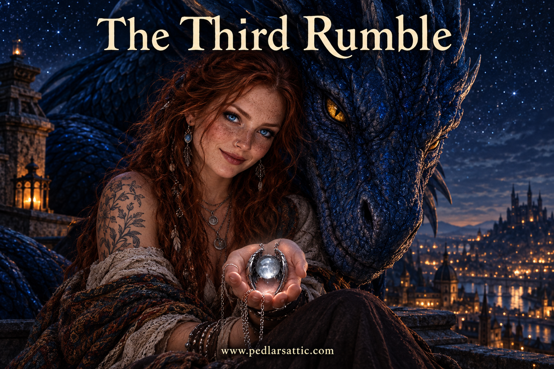 Chelle sits on the Attic rooftop at night holding the Ghost Wing crystal orb pendant glowing in her open palm, Midnight the sapphire dragon lowering his great head beside her under the starlit sky
