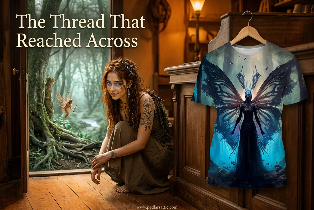 The blue-forest Fairy Veil graphic tee beside Chelle at the Attic portal, with a fairy courier and dryad in the Hidden Mist forest beyond.