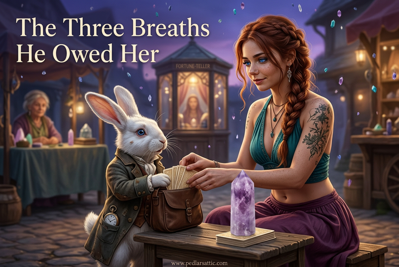 The Three Breaths He Owed Her story cover featuring an amethyst crystal point on fortune cards as Chelle helps the White Rabbit repack his satchel.
