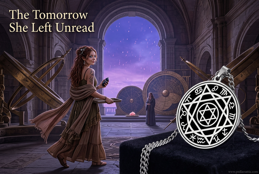 Steel-tone Observatory Seal zodiac pendant in the foreground, with Chelle walking toward the Observatory exit, looking back at the keeper while carrying wrapped obsidian and a tray.