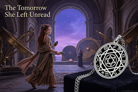 Steel-tone Observatory Seal zodiac pendant in the foreground, with Chelle walking toward the Observatory exit, looking back at the keeper while carrying wrapped obsidian and a tray.