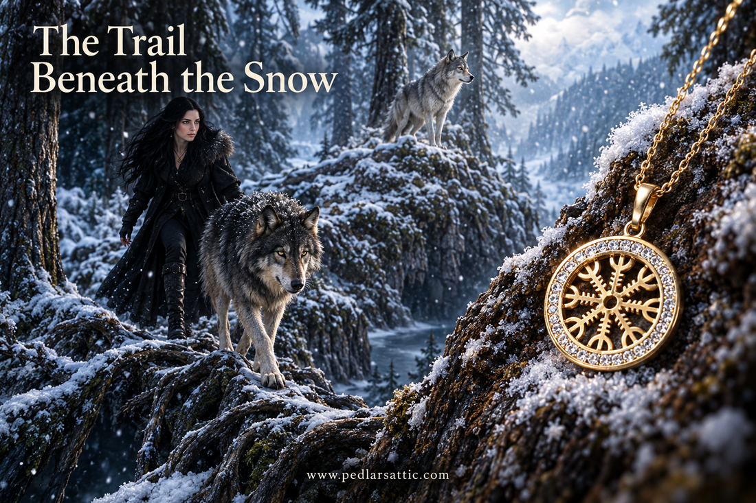 Gold-tone Helm & the Wayfinder necklace on snow-dusted bark, with Luna following Cinder and Ash along a snowy Fenrisheim ridge.