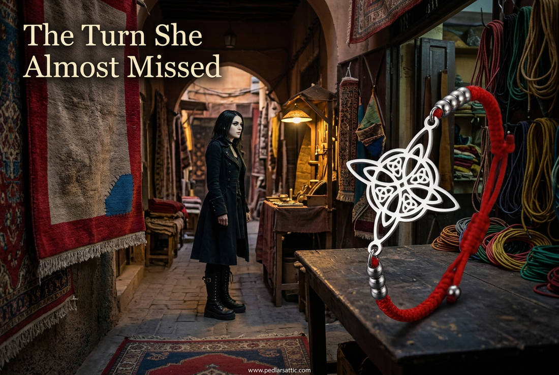 Silver-tone Amulet Knot bracelet on red wax cord above a market worktable, with Luna beside hanging carpets and a warmly lit maker’s stall.