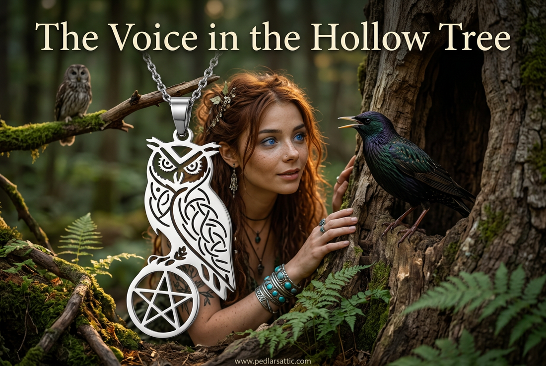 Steel-tone Owl Pentacle necklace beside a hollow tree, with Chelle and a starling in the woodland outside Ravenswood.