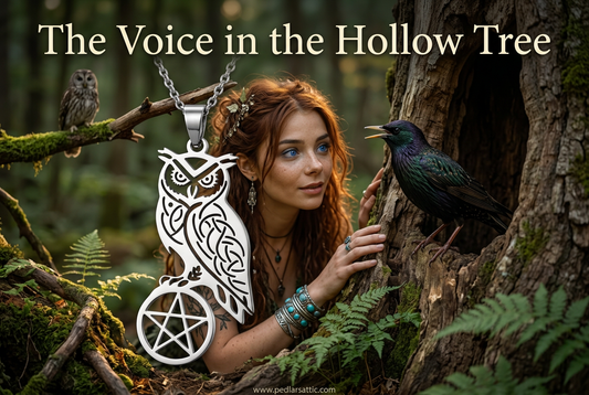 Steel-tone Owl Pentacle necklace beside a hollow tree, with Chelle and a starling in the woodland outside Ravenswood.