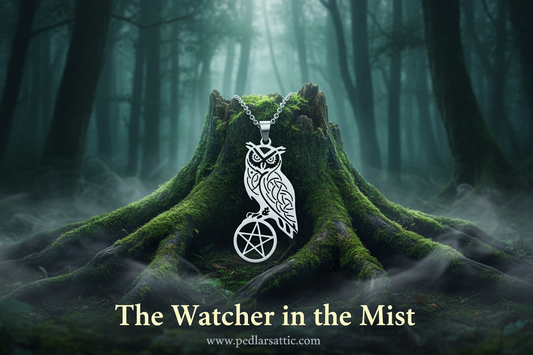 Silver and gold-tone stainless steel owl pentacle necklaces on a mossy root in a misty forest — Pedlar's Attic Hidden Mist Valley collection
