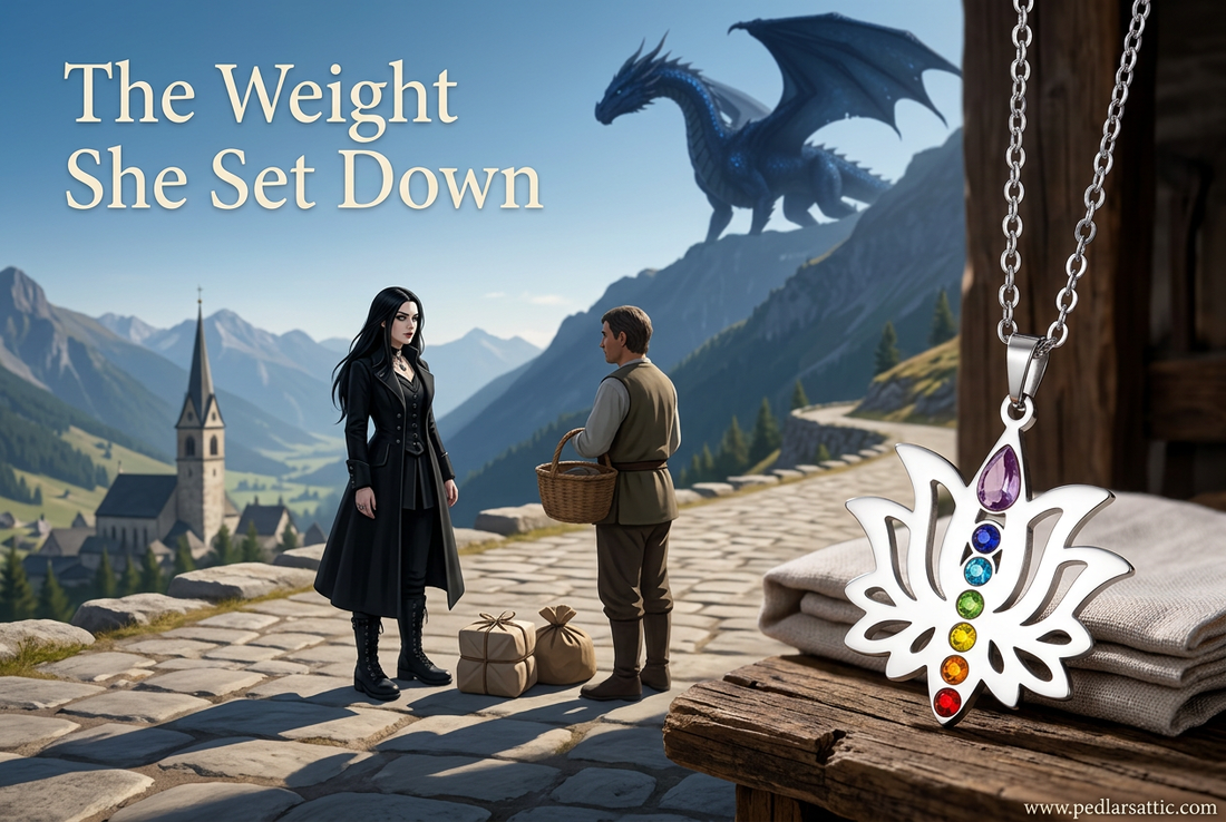 Steel-tone Spire Lotus necklace with seven colored accents, with Luna sharing a mountain delivery with a villager and Midnight on a distant ridge.