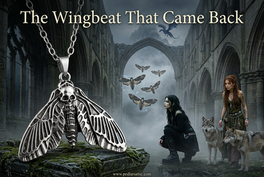 Silver-tone Duskwing skull moth pendant before the Whispering Cathedral, with Luna, Chelle, two wolves, and Midnight in the Ashen Plains.