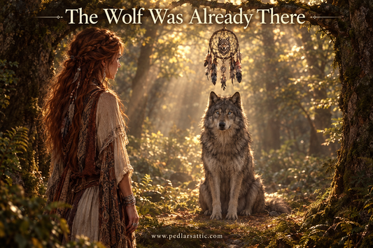 Chelle stands at the edge of a sun-dappled forest clearing watching a grey wolf sitting beneath an old dream catcher strung between two branches, broken light filtering through the Sunrise Steppes canopy above them