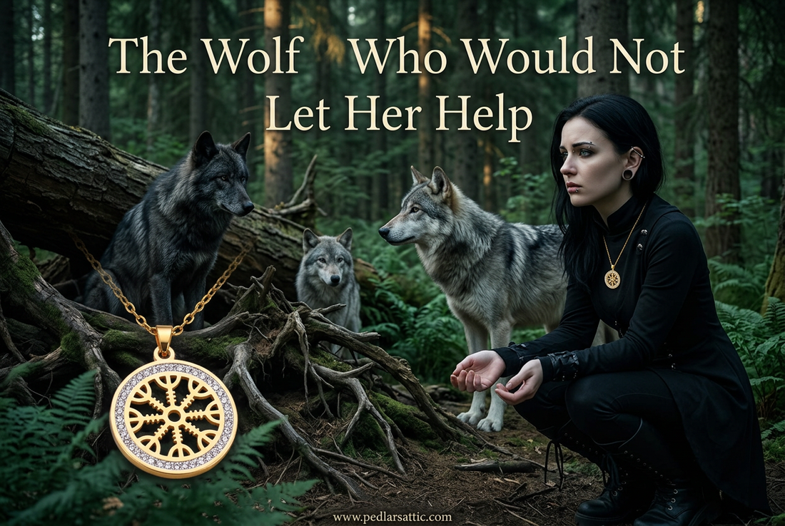 Luna wearing the gold-tone Helm & the Wayfinder necklace beside Cinder, Ash, and a wary wolf near fallen roots in Fenrisheim.