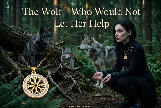Luna wearing the gold-tone Helm & the Wayfinder necklace beside Cinder, Ash, and a wary wolf near fallen roots in Fenrisheim.