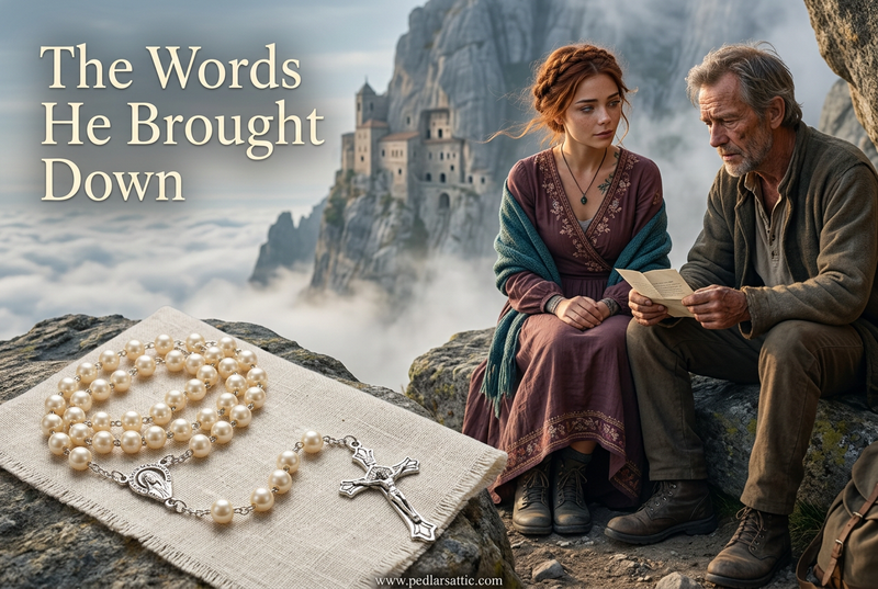 The Words He Brought Down story cover featuring a pale faux pearl rosary on linen and Chelle beside a weary traveler on the monastery mountain path.