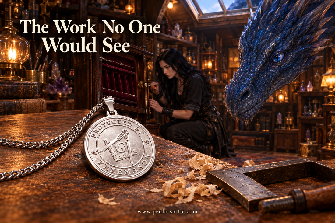 Silver-tone Warden’s Mark Masonic necklace on a wooden counter beside shavings and a carpenter’s square, with Luna repairing a cabinet and Midnight watching.