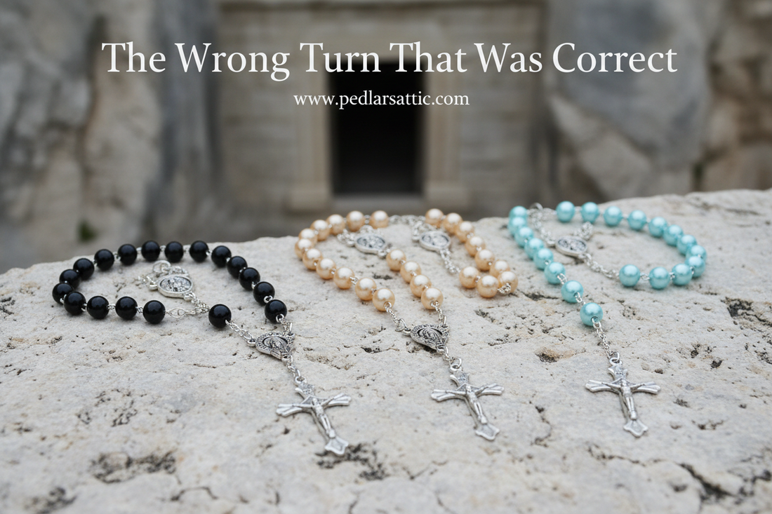 High Monastery Rosary — 72cm faux pearl beaded rosary necklace with Virgin Mary medallion and silver crucifix pendant in black, beige, and sea blue, High Monastery series from Pedlar's Attic