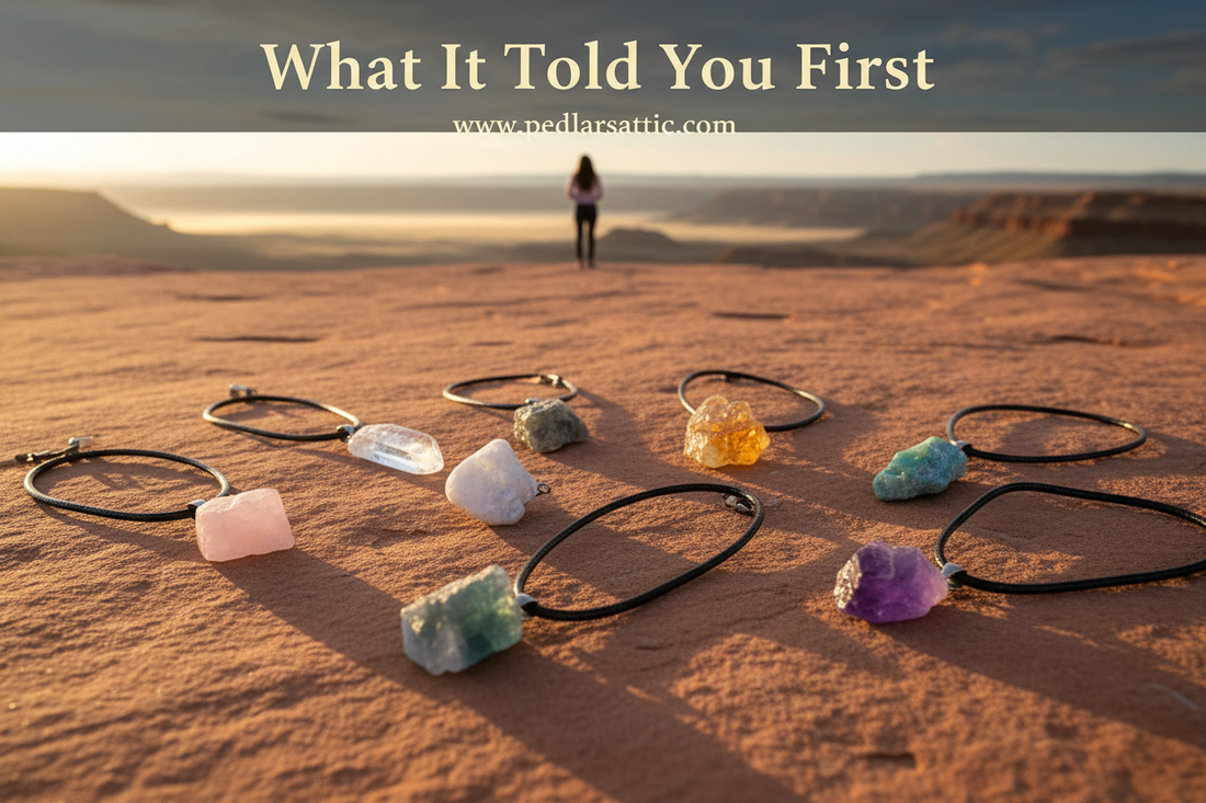 Earth's Voice — Natural Crystal Pendant Necklace in eight raw stone varieties including amethyst, labradorite, citrine and fluorite on black braided cord, Sunrise Steppes Soraveen series from Pedlar's Attic