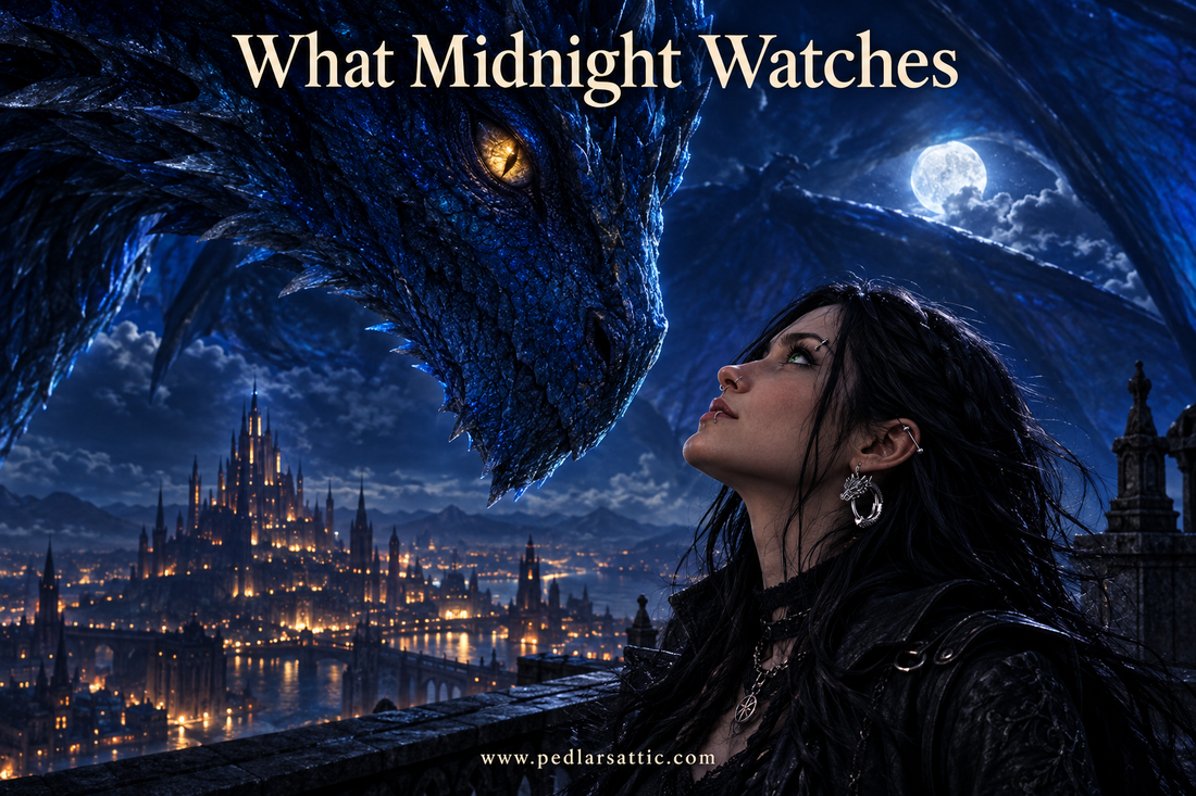 Luna on the Attic rooftop at night wearing the silver Dragonjaw Hoop earring, Midnight the sapphire dragon filling the sky above her with wings spread, Ironspire glowing in the distance below