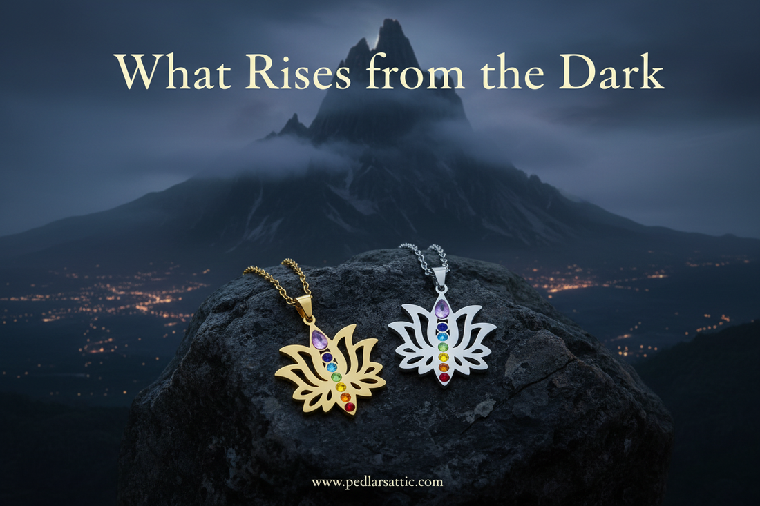 Gold-tone and silver-tone Spire Lotus 7 chakra pendants on ancient mountain stone at dusk, the mist-shrouded Spire rising behind them and Ironspire glowing faintly in the valley below