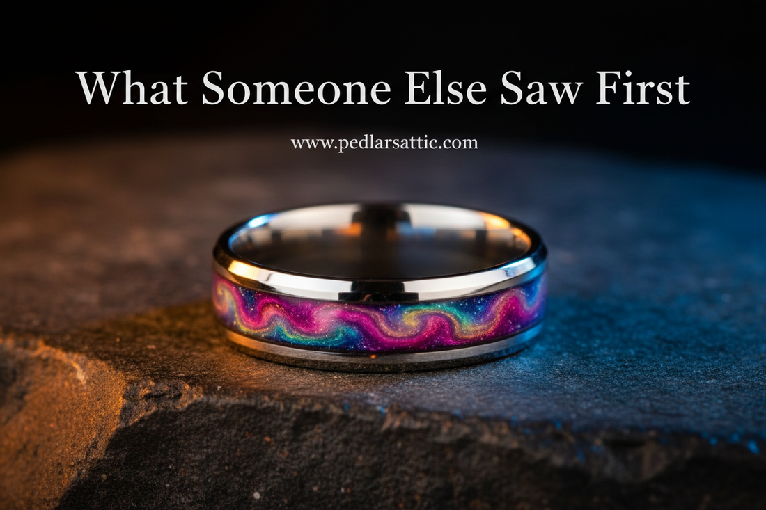 Nebula Forge Ring — 8mm stainless steel ring with rainbow galaxy nebula inlay in electric purple, magenta, green and blue, beveled polished edges, Dragonforged series from Pedlar's Attic