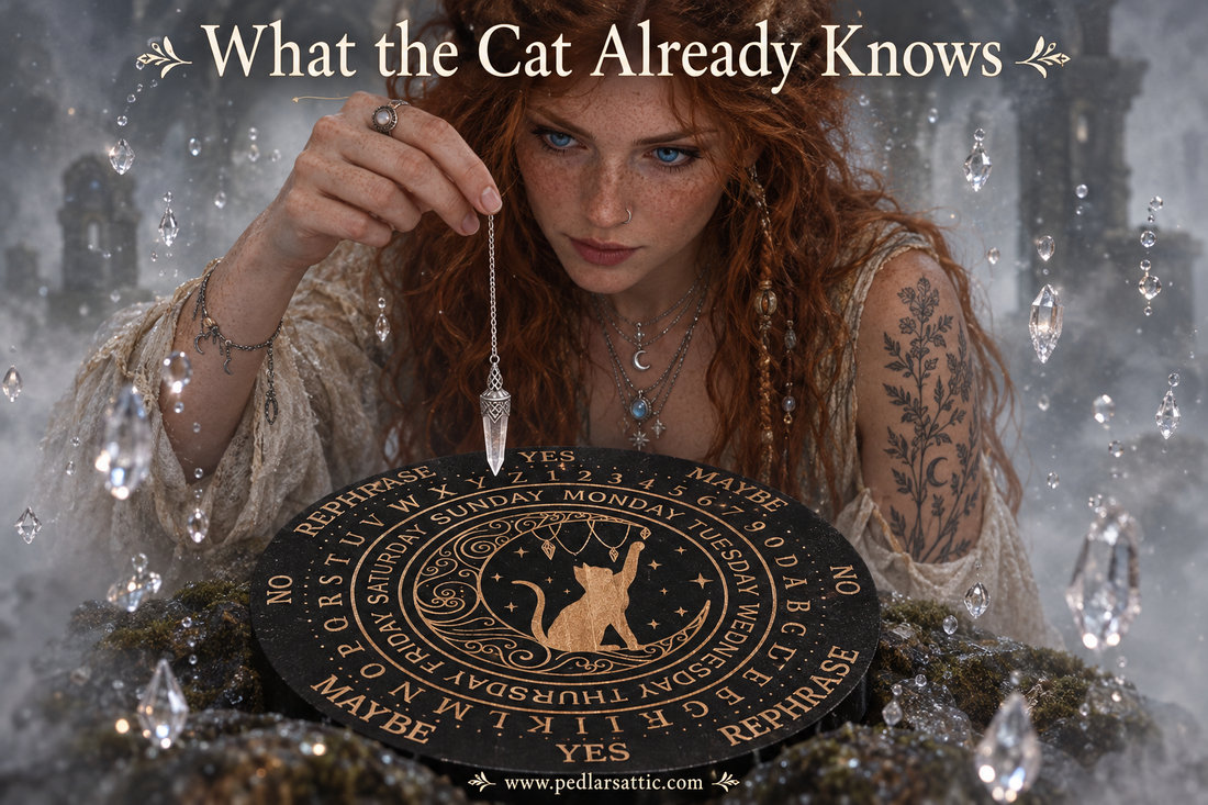 Chelle holds a silver chain pendulum above the black spirit cat Moon Threshold pendulum board in the Aether-Reach mist, water drop crystals forming mid-air around her in the liminal threshold light