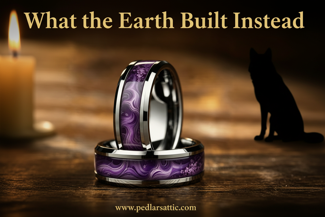 Stone Forge Ring — 8mm stainless steel ring with natural purple agate stone inlay, deep violet banding and crystalline inclusions, polished beveled edges, Dragonforged earth series from Pedlar's Attic