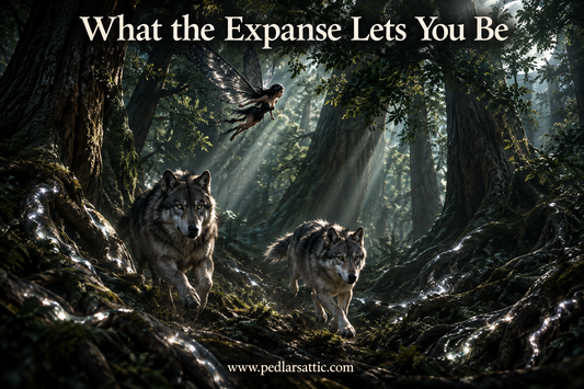 Tiny dark-winged Luna darts through the ancient Fenrisheim canopy while Cinder and Ash run in full stride through the root-shadows below, moonlight falling through the old timber in shafts of green-grey light