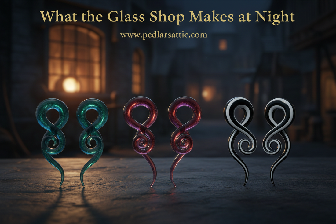 Ironspire Glass Gauge — four pairs of pyrex glass spiral taper ear stretchers in teal, ruby pink, multicolor swirl and black and white, smooth fluid spiral design, Ironspire series from Pedlar's Attic