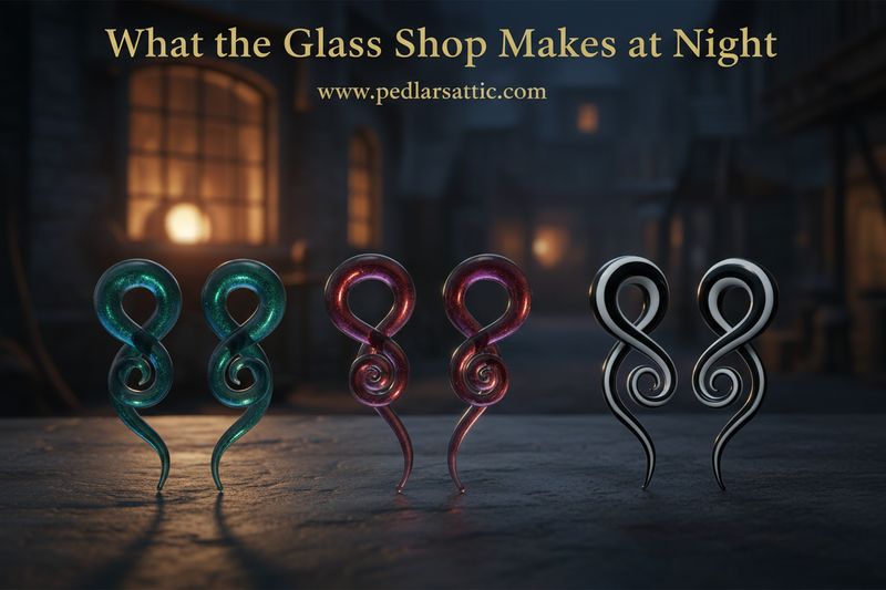 Ironspire Glass Gauge — four pairs of pyrex glass spiral taper ear stretchers in teal, ruby pink, multicolor swirl and black and white, smooth fluid spiral design, Ironspire series from Pedlar's Attic