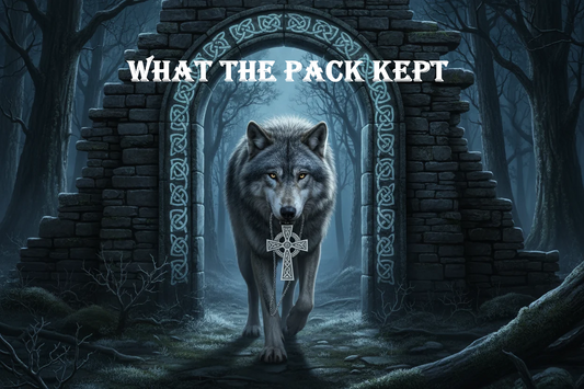 Cinder the wolf carries the Celtic triquetra cross pendant through an ancient stone portal at the edge of Fenrisheim forest at night — the Covenant Knot gripped in his teeth, Celtic knotwork carved into the moonlit ruins around him