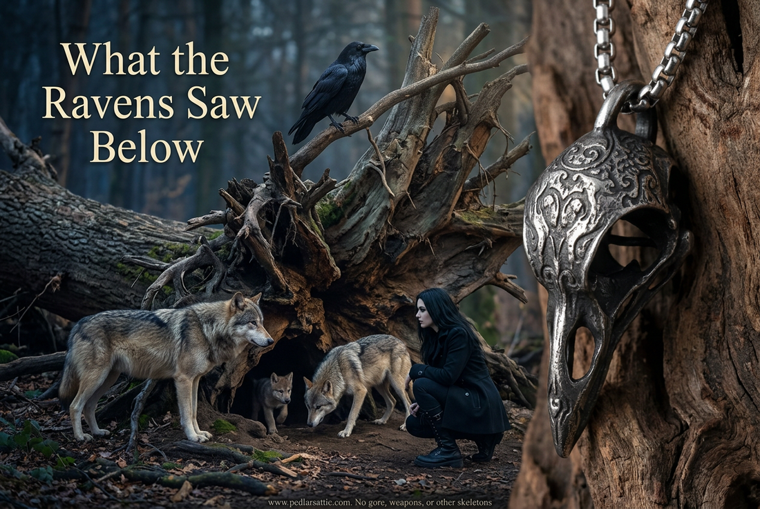 Engraved silver-tone raven skull pendant in the foreground, with Cinder, Ash, and Luna beside a fallen tree in Fenrisheim.
