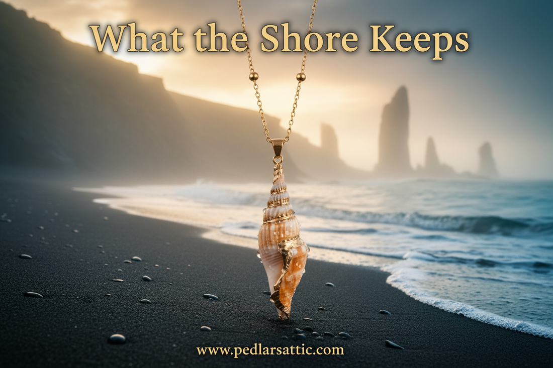 The Shoreline Whisper — Natural Conch Shell Pendant Necklace on a gold satellite chain, set against a misty coastal world between the Sunrise Steppes and the Aether-Reach