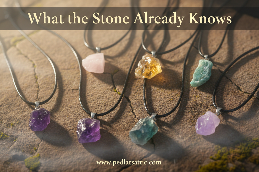 Earth's Voice — Natural Crystal Pendant Necklace in eight raw stone varieties including amethyst, labradorite, citrine, and fluorite on black braided cord, from the Sunrise Steppes Soraveen healer