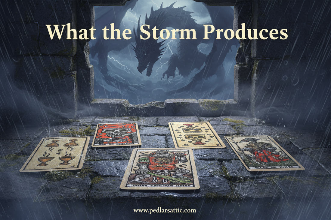 Tarot del A — six del Toro inspired tarot cards spread showing Ace of Goblets, Judgement, The Sun, and Valet of Wands in aged parchment woodcut style dark fairy tale illustration, Aether-Reach divination series from Pedlar's Attic