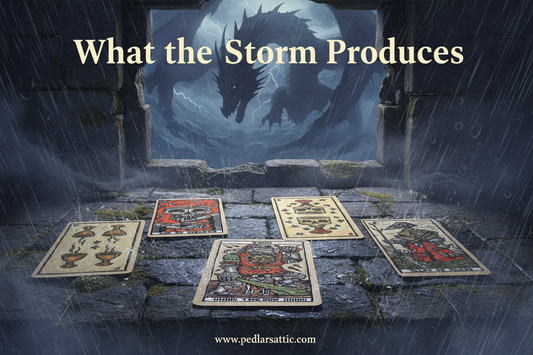 Tarot del A — six del Toro inspired tarot cards spread showing Ace of Goblets, Judgement, The Sun, and Valet of Wands in aged parchment woodcut style dark fairy tale illustration, Aether-Reach divination series from Pedlar's Attic