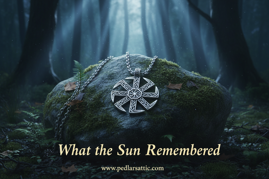 Antique silver Kolovrat Slavic sun wheel pendant on weathered stone in a misty forest — Pedlar's Attic Fenrisheim collection