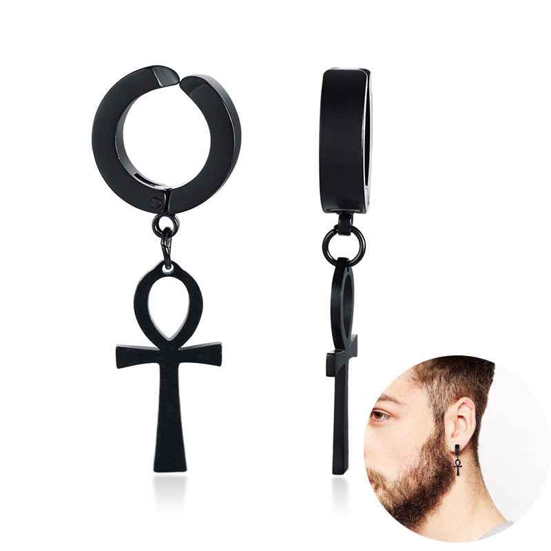 Eternal Cross Egypt Cleopatra Ankh Earrings for Men Jewelry Antiqued Black Stainless Steel Egyptian Queen Ankara Earing - Pedlar's Attic