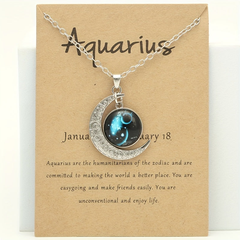 1pc Retro Glow-in-the-Dark Zodiac Moon Pendant Necklace - Vintage Style, Zinc Alloy with Glass Accents, Adjustable Chain for Women - Ideal for Daily Wear & Gifting, Zodiac Jewelry, Gift Jewelry, Vintage Jewelry, Durable Jewel