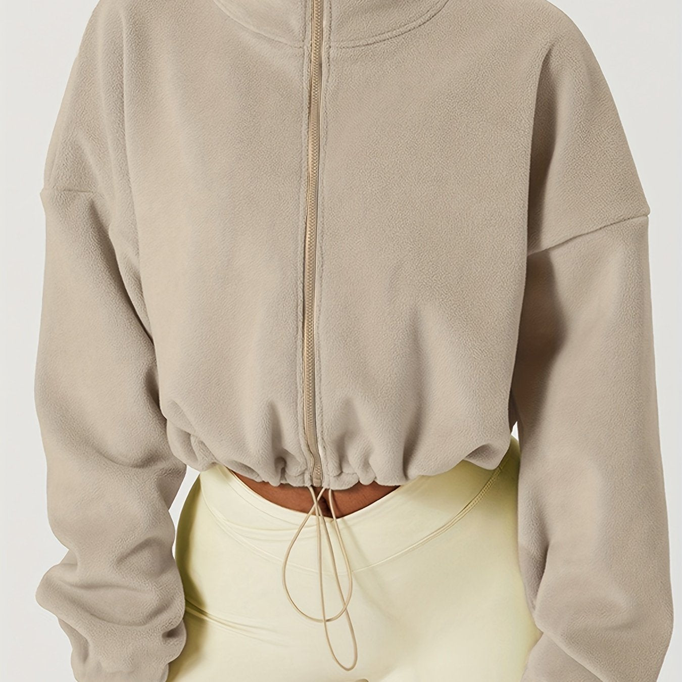 Chic Zip-Up Fleece Crop Jacket for Women - Stretch Comfort, Warm High Neck, Long Sleeve, Perfect for Sporty Outdoor Fall/Winter Activities
