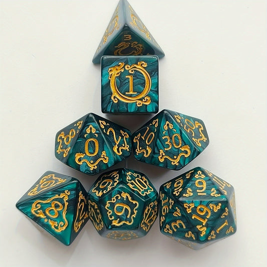 Polyhedral Dragon Pattern Dice Set for DND - Acrylic 7-Piece RPG Dice Set, Hexahedron Shape, Ideal for Role-Playing Luck-Based Games, Suitable for Ages 14+