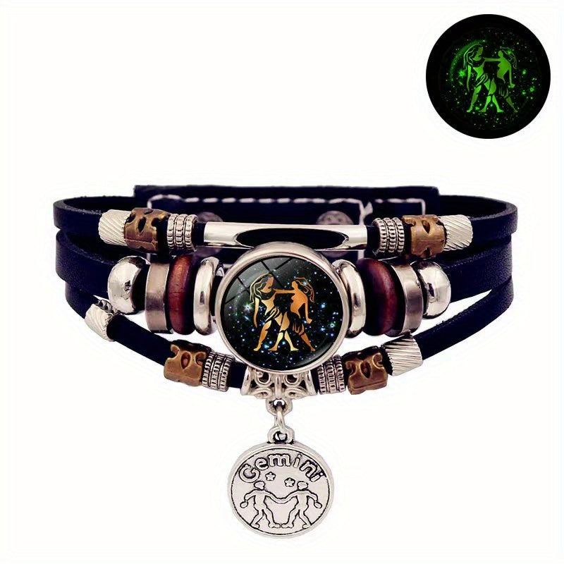 1pc 12 Zodiac Luminous Leather Bracelet Men Women Handmade Multilayer Beaded Bracelet Creative Hand Jewelry Bracelet Party Birthday Favors