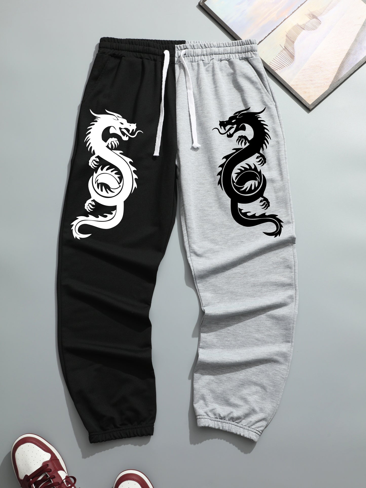 Two Color Splicing, Men's Drawstring Sweatpants, Dragons Print Pocket Breathable Casual Jogger Pants, Mens Clothing