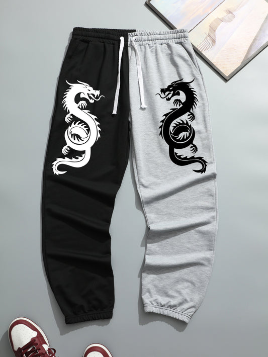 Two Color Splicing, Men's Drawstring Sweatpants, Dragons Print Pocket Breathable Casual Jogger Pants, Mens Clothing
