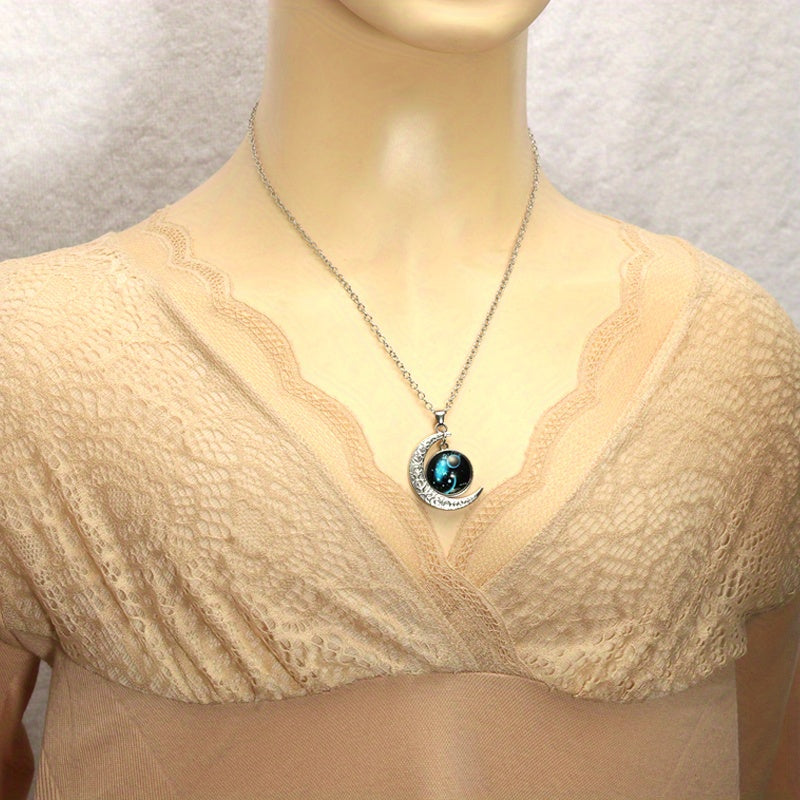 1pc Retro Glow-in-the-Dark Zodiac Moon Pendant Necklace - Vintage Style, Zinc Alloy with Glass Accents, Adjustable Chain for Women - Ideal for Daily Wear & Gifting, Zodiac Jewelry, Gift Jewelry, Vintage Jewelry, Durable Jewel