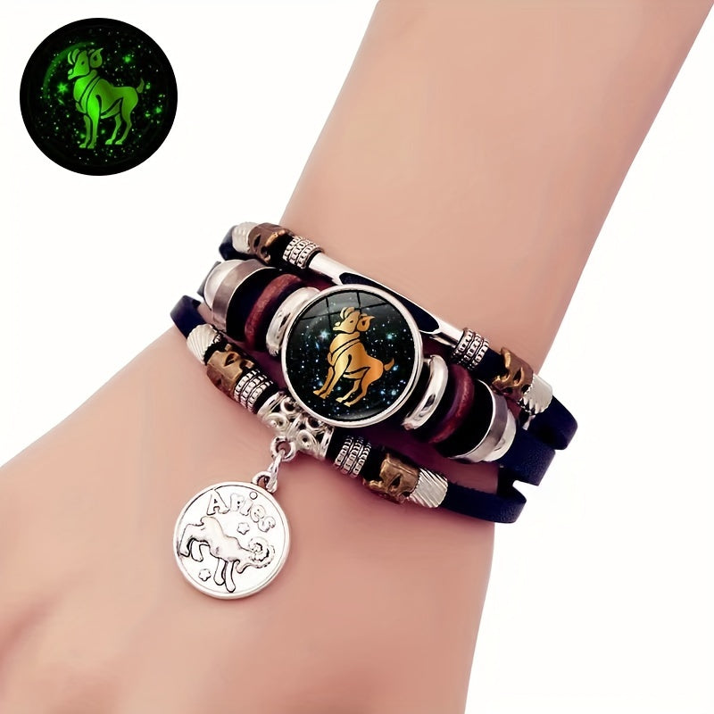 1pc 12 Zodiac Luminous Leather Bracelet Men Women Handmade Multilayer Beaded Bracelet Creative Hand Jewelry Bracelet Party Birthday Favors
