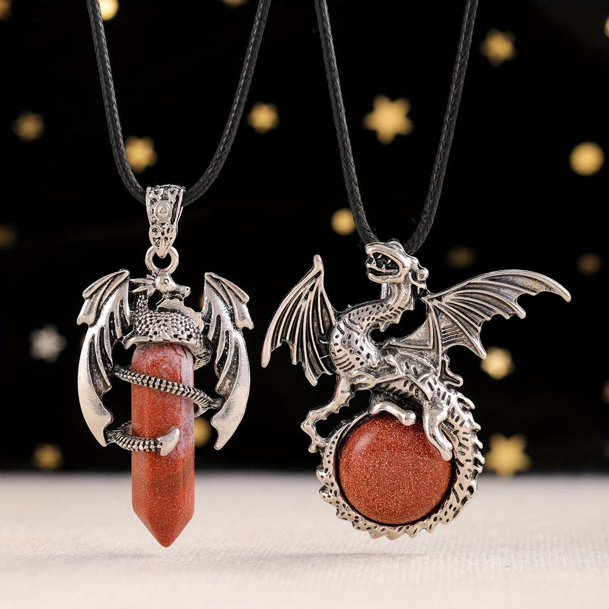 2pcs/set Synthetic Crystal Dragon Necklace Pendants for Men And Women, Retro Cool Artificial Elf Stone Pendants, Christmas, Easter, Flying Dragon Pendant Gift Set